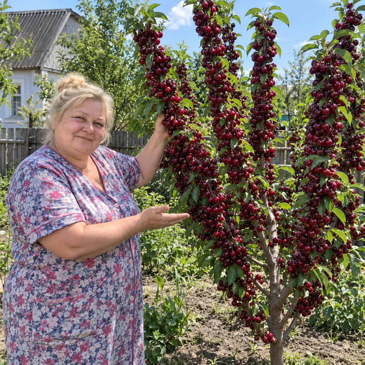 Покупниця біля свого дерева китайської черешні